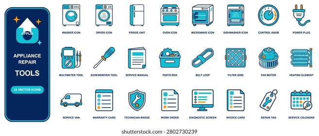 Appliance Repair flat icon set. 24 vector line icons: washer, dryer, fridge unit, oven, microwave, dishwasher, control knob, power plug, multimeter. Editable isolated symbols for web, app and infograp