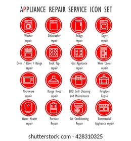 Appliance Repair Service Color Vector Icon Set (Washer,Dishwasher,Fridge,Dryer,Oven,Stove,Range,Cook Top,Microwave,Range Hood,Wine Cooler,Water Heater,Gas Appliance,Furnace,AC,Fireplace Repair)