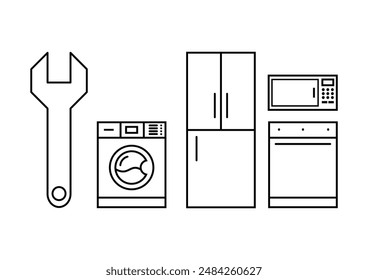 appliance repair service icons,refrigerator,washing machine,wrench,microwave,oven,outline stroke,handyman