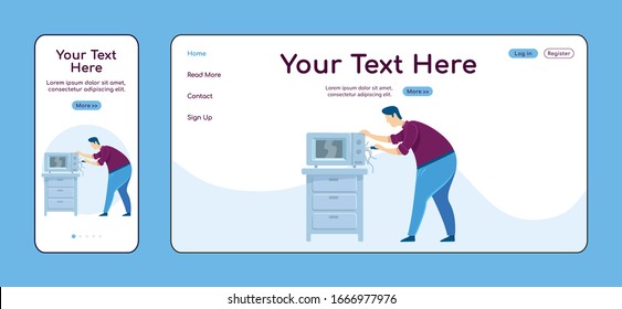 Appliance repairing adaptive landing page flat color vector template. Broken kitchenware mobile and PC homepage layout. Repairman one page website UI. Home repairs webpage cross platform design