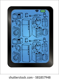 Appliance set on background plate. Hand drawn. Vector illustration.