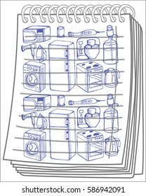 Appliance set on notebook background. Hand drawn. Vector illustration.