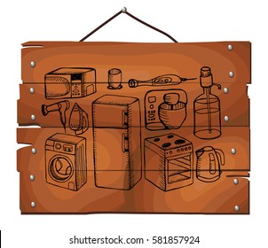 Appliance set on wooden plank background. Hand drawn. Vector illustration.