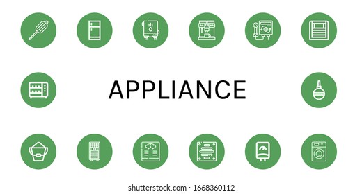 appliance simple icons set. Contains such icons as Air blower, Fridge, Water heater, Coffee maker, Heater, Bucket, Air conditioner, Bathroom scale, can be used for web, mobile and logo
