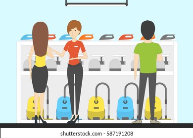Appliance store with visitors. People buying vacuum cleaners, meat grinders and irons.