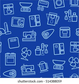 Appliances, background, seamless, blue. Vector white outline icons appliances for home and kitchen on a dark blue background. 