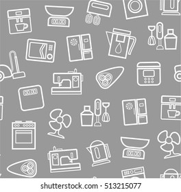 Appliances, background, seamless, gray. Vector white outline icons appliances for home and kitchen on a gray background. 