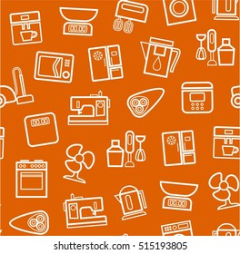 Appliances, background, seamless, orange. Vector white outline icons appliances for home and kitchen on an orange background. 