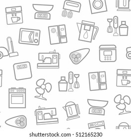 Appliances, background, seamless, white. Vector grey outline icons appliances for home and kitchen on a white background. 