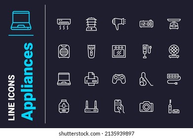 Appliances for comfort home living icons set vector illustration. House equipment line icon. Household appliances and technology concept