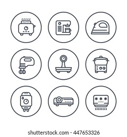 Appliances, consumer electronics line icons in circles, toaster, coffee machine, iron, blender, scales, steamer, home boiler, projector, air conditioner 