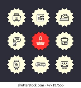 Appliances, consumer electronics line icons, toaster, coffee machine, blender, mixer, iron, steamer, home boiler, air conditioner