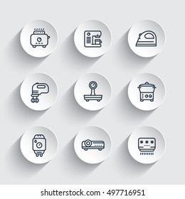 Appliances, consumer electronics line icons set, toaster, coffee machine, blender, iron, steamer, home boiler, projector, air conditioner, vector illustration
