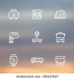 Appliances, consumer electronics line icons, toaster, coffee machine, blender, mixer, iron, electric cooker, home boiler, air conditioner