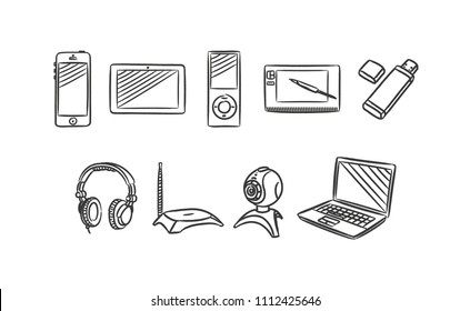 Appliances and devices for home and office hand drawn icons set with mobile, tablet, mp3 player, headphones, camera, router, wifi, usb flash, web, web camera, wack, gadget, laptop. Vector illustration