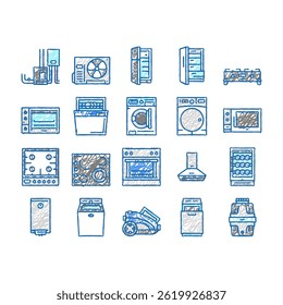 Appliances Domestic Equipment doodle icons set vector. Washer Dryer Machine, Refrigerator Freezer, Air Conditioner Cooling, Microwave Ice Maker Electronic Appliances