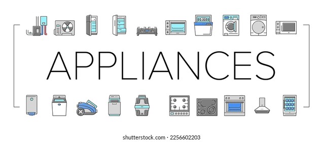 Appliances Domestic Equipment Icons Set Vector. Washer And Dryer Machine, Refrigerator And Freezer, Air Conditioner And Cooling, Microwave And Ice Maker Electronic Appliances Line. Color Illustrations