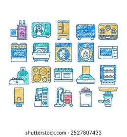 appliances domestic technology doodle icons set vector. sketch line art refrigerator and freezer kitchen appliance, oven and stove, washer and dryer electronic household equipment color illustrations