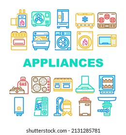 Appliances Domestic Technology Icons Set Vector. Refrigerator And Freezer Kitchen Appliance, Oven And Stove, Washer And Dryer Electronic Household Equipment Line. Color Illustrations