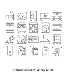 Appliances Domestic Technology Icons Set Vector. Refrigerator And Freezer Kitchen Appliance, Oven And Stove, Washer And Dryer Electronic Household Equipment Black Contour Illustrations