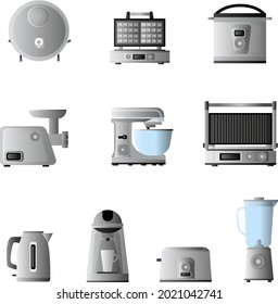 Appliances. Electrical equipment for the kitchen. Vector illustration of home appliances for cooking. Slow cooker, toaster, blender, mixer, waffle iron, grill, coffee machine, kettle.