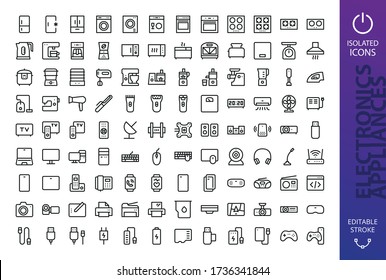 Appliances And Electronics Isolated Icons Set. Set Of Refrigerator, Washing Machine, Cooker, Gas Stove, Kettle, Slow Cooker, Vacuum Cleaner, Kitchen Processor, Fitness Bracelet, Smart Watch, Tv Icon