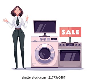 Appliances Household Goods Electronics Device Sale Discount Concept. Vector Graphic Design Cartoon Illustration
