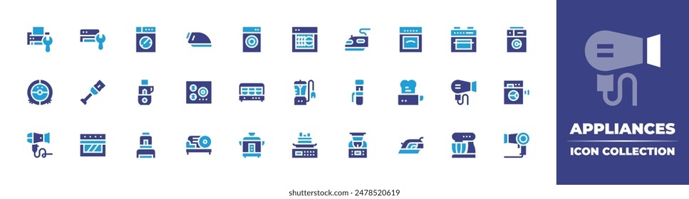 Appliances icon collection. Duotone color. Vector illustration. Containing washingmachine, foodprocessor, hairdryer, oven, robotvacuumcleaner, airconditioner, immersionblender.