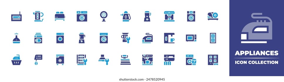 Appliances icon collection. Duotone color. Vector illustration. Containing fridge, washingmachine, laundry, mixerblender, humidifier, blender, extractor, winefridge.