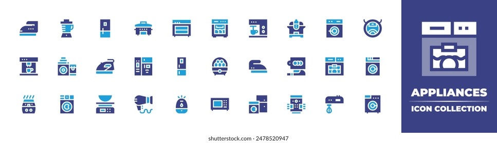 Appliances icon collection. Duotone color. Vector illustration. Containing coffeemachine, refrigerator, electriciron, mixerblender, laundry, iron, slowcooker.