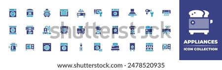 Appliances icon collection. Duotone color. Vector illustration. Containing washingmachine, espresso, vacuumcleaner, toaster, foodscale, ricecooker, fooddehydrator.