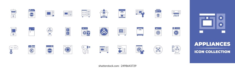 Colección de ícono de electrodomésticos. Estilo duotono trazo de línea y negrita. Ilustración vectorial. Contiene electrodomésticos, interruptor de luz, ventilador, microondas, lavadora, exprimidor, nevera, licuadora.