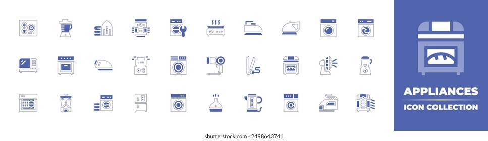 Colección de ícono de electrodomésticos. Estilo duotono trazo de línea y negrita. Ilustración vectorial. Contiene horno, vaporizador, plancha, batidora, humidificador, vitrocerámica, purificador de aire, microondas.