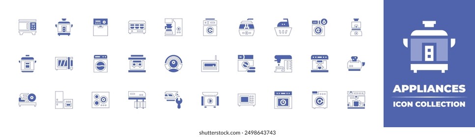 Colección de ícono de electrodomésticos. Estilo duotono trazo de línea y negrita. Ilustración vectorial. Contiene electrodomésticos, microondas, multicocina, lavadora, cafetera, yogurtmaker.