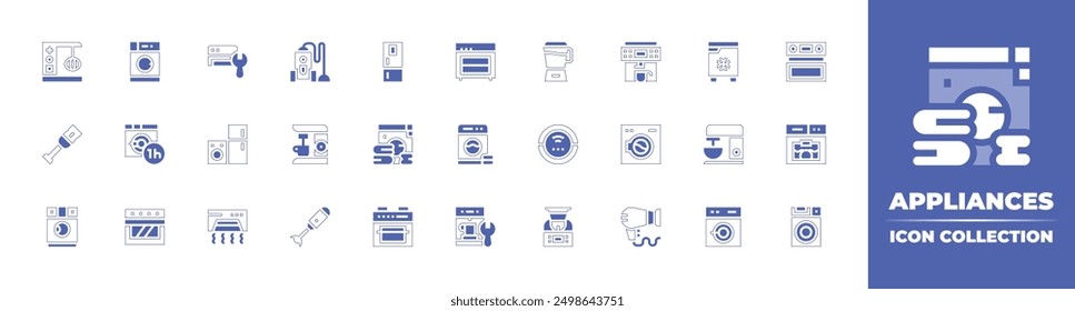 Appliances icon collection. Duotone style line stroke and bold. Vector illustration. Containing washingmachine, mixer, robot, robotvacuumcleaner, hairdryer, dishwasher, coffeemachine.