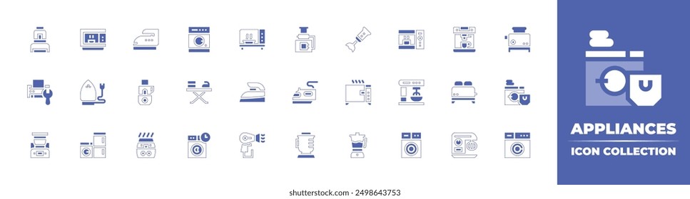 Colección de ícono de electrodomésticos. Estilo duotono trazo de línea y negrita. Ilustración vectorial. Contiene plancha, horno, procesador de alimentos, licuadora, microondas, lavadora, plancha, impresora.