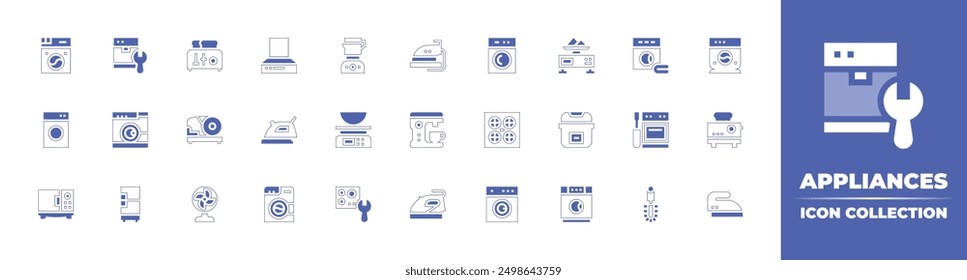 Colección de ícono de electrodomésticos. Estilo duotono trazo de línea y negrita. Ilustración vectorial. Contiene lavavajillas, ventilador, lavandería, lavadora, refrigerador, microondas, tostadora, cortadora de alimentos.