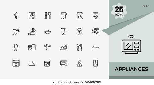 Appliances icon pack. Contains linear outline icons like fridge, juicer, iron, cooker, toaster, oven, television. Web icons. Minimalist editable vector stroke.