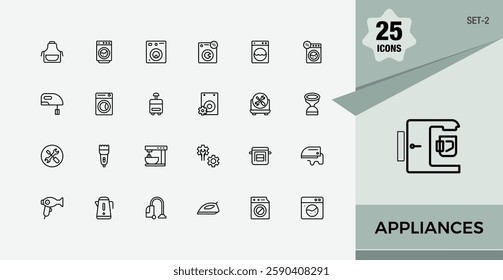 Appliances icon pack. Contains linear outline icons like fridge, juicer, iron, cooker, toaster, oven, television. Web icons. Minimalist editable vector stroke.