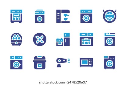 Conjunto de iconos de dispositivos. Color duotono. Ilustración vectorial. Contiene electrodomésticos, ventilador, lavavajillas, lavadora, secador de pelo, cafetera, cocina de arroz, cocina de huevo.