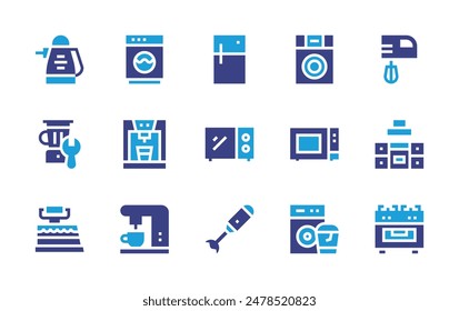 Conjunto de iconos de dispositivos. Color duotono. Ilustración vectorial. Conteniendo lavandería, cafetera, microondas, microondas, estufa de gas, cafetera, cocina, batidora.