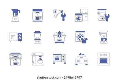 Conjunto de iconos de electrodomésticos. Estilo duotono trazo de línea y negrita. Ilustración vectorial. Contiene electrodomésticos, licuadora, cocina de arroz, cafetera, lavandería, microondas, exprimidor, secador de pelo.