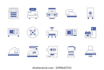 Appliances icon set. Duotone style line stroke and bold. Vector illustration. Containing fan, cuttingboard, iron, oven, stove, airpurifier, toaster, airconditioner.