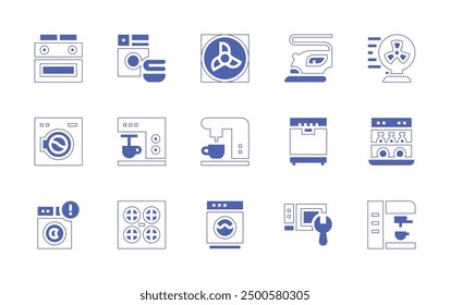 Conjunto de iconos de electrodomésticos. Estilo duotono trazo de línea y negrita. Ilustración vectorial. Contiene lavadora, refrigerador de aire, cafetera, cafetera, advertencia, lavavajillas, horno de microondas.