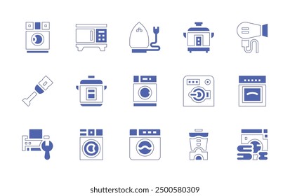 Conjunto de iconos de electrodomésticos. Estilo duotono trazo de línea y negrita. Ilustración vectorial. Contiene plancha, lavadora, microondas, multicocina, lavadora, impresora, licuadora de inmersión.