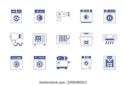 Conjunto de iconos de electrodomésticos. Estilo duotono trazo de línea y negrita. Ilustración vectorial. Contiene microondas, lavadora, lavandería, tostadora, cocina de arroz, aire acondicionado, cafetera, calentador.