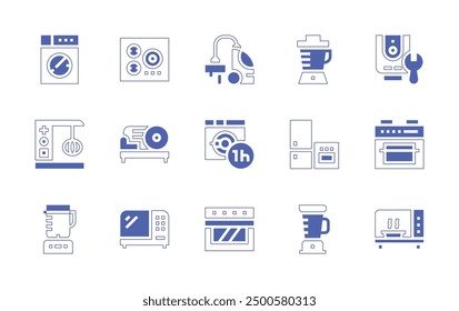 Conjunto de iconos de electrodomésticos. Estilo duotono trazo de línea y negrita. Ilustración vectorial. Exprimidor, lavadora, batidora, cortadora, aspiradora, horno, vitrocerámica, microondas.