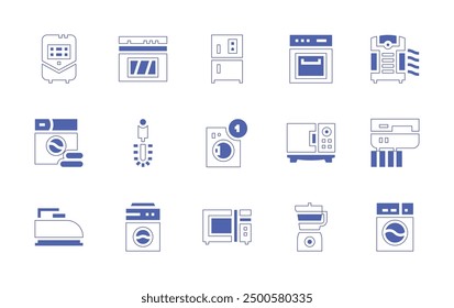 Conjunto de iconos de electrodomésticos. Estilo duotono trazo de línea y negrita. Ilustración vectorial. Contiene electrodomésticos, lavadora, calentador de aire, plancha, nevera, cepillo de baño, microondas, horno, licuadora.