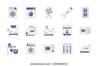 Conjunto de iconos de electrodomésticos. Estilo duotono trazo de línea y negrita. Ilustración vectorial. Contiene lavadora, ventilador, lavandería, plancha, microondas, tostadora, cafetera, hervidor de arroz, licuadora.