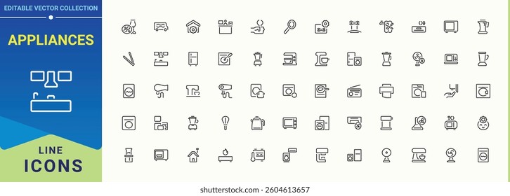 Appliances icon set in linear style. Included dishwasher, electric, electronic, kitchen, cooking, household and more. Isolated icons. Equipment icon set. Editable vector art and illustration.